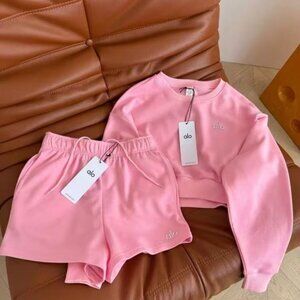 ALO Pink Long-Sleeve Top & Shorts Set, Size S